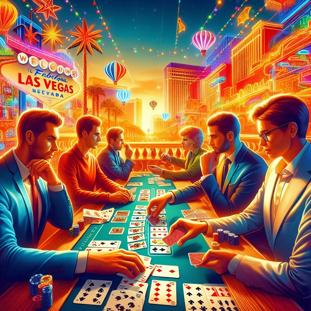 Illustration depicting players enjoying the excitement of Vegas Three Card Rummy at a casino table, symbolizing the exhilarating gameplay and expert strategies discussed in the article.